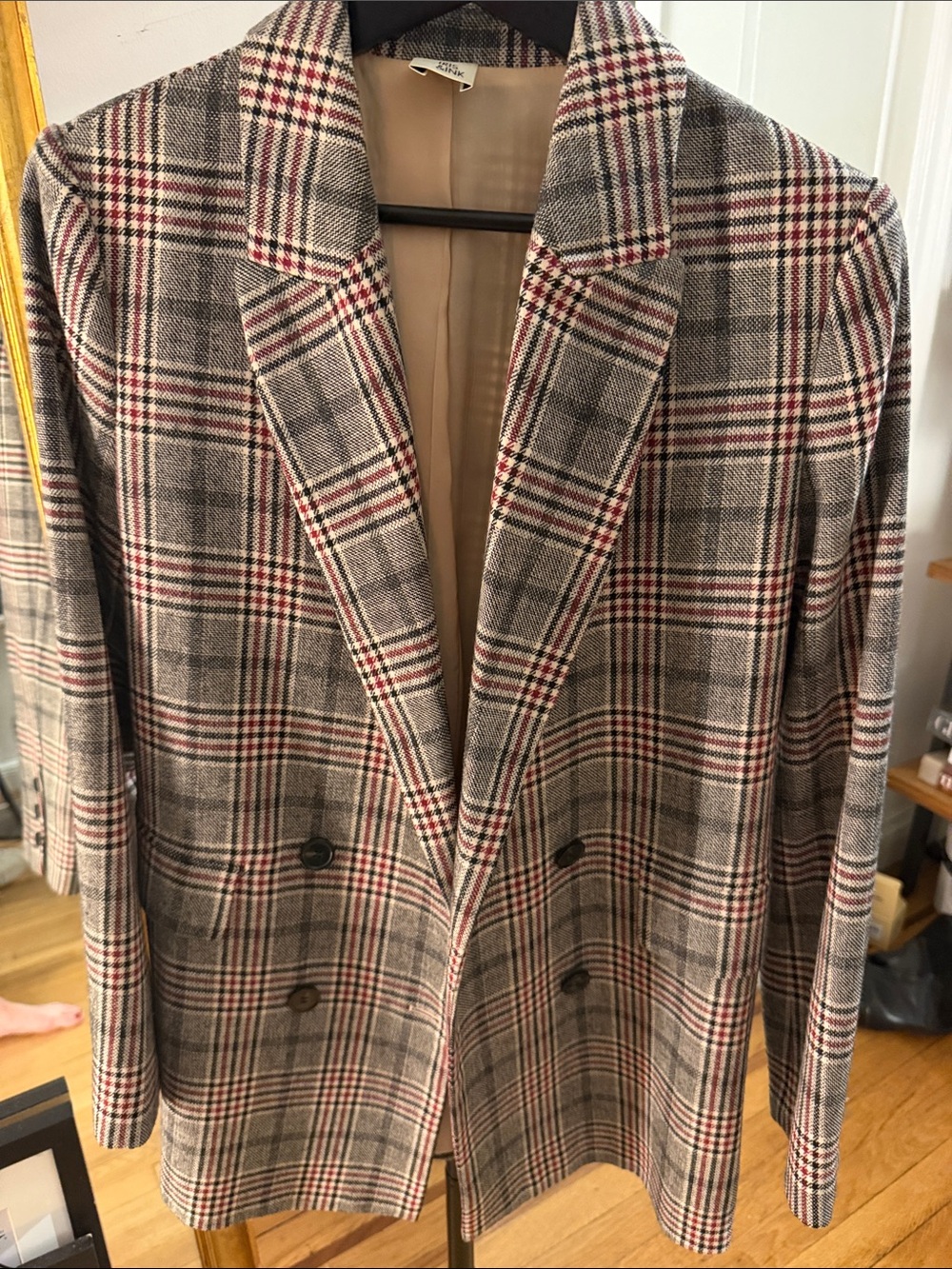 Plaid Double-Breasted Blazer - Beige, Black & Red